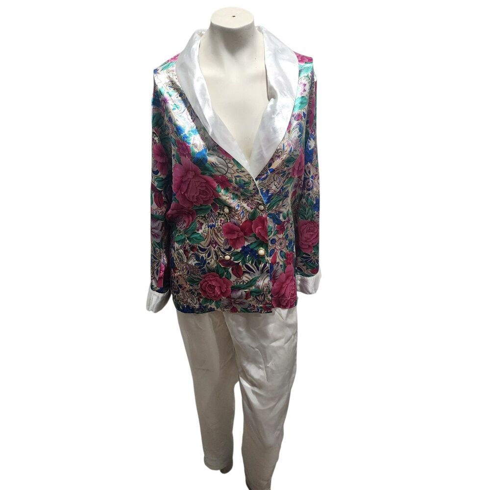 Vintage Victoria’s Secret Floral Satin Pajama Set‎ Blazer Top Pants P